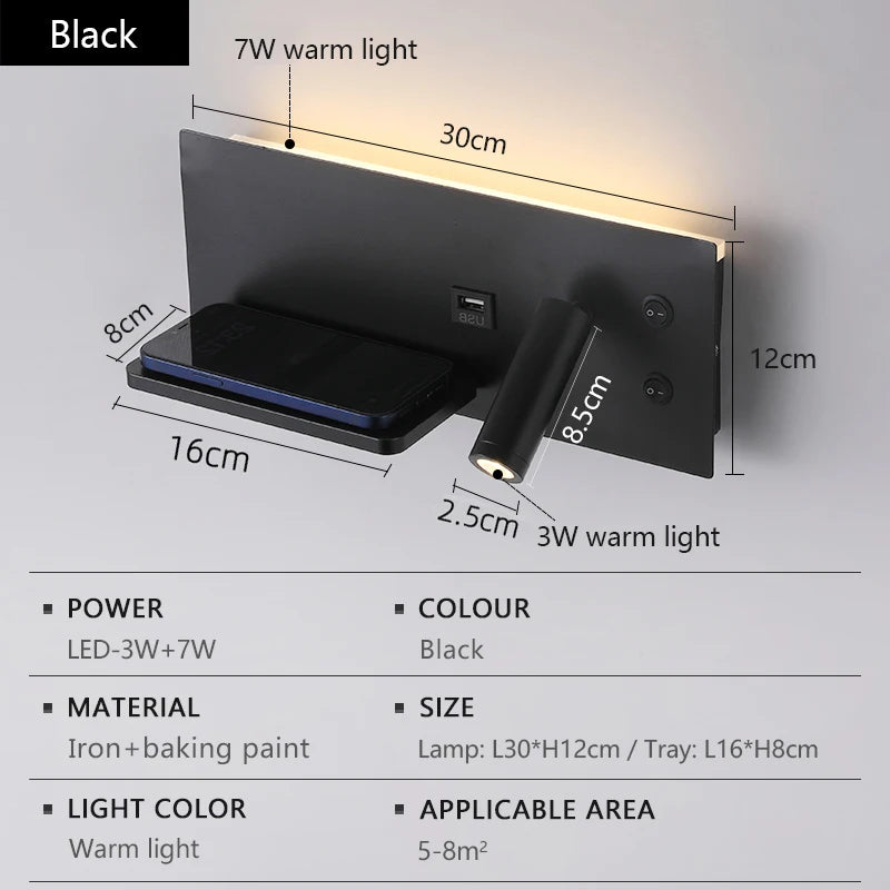 Modern LED Wall Light with USB Interface Simplicity Creative Multifunctional Reading Light Living Room Bedroom Bedside Lighting