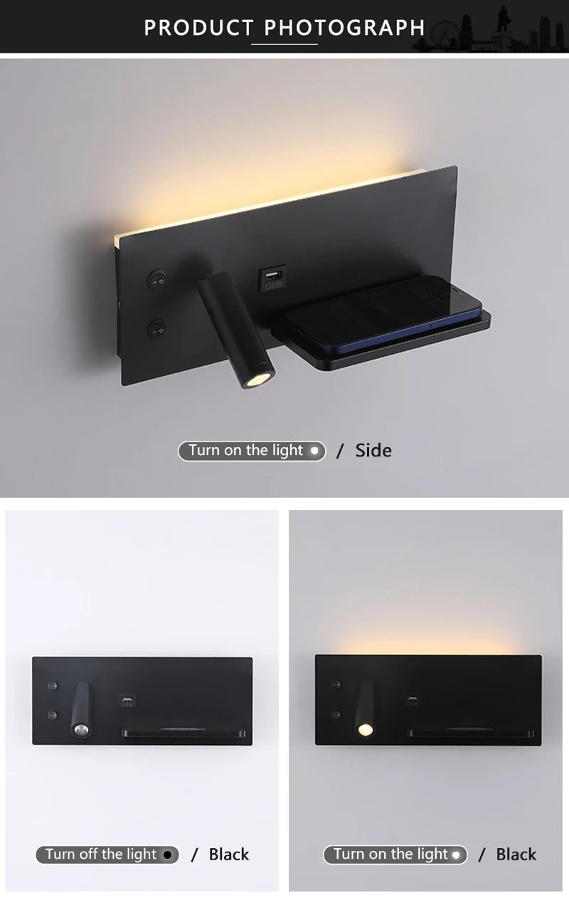 Modern LED Wall Light with USB Interface Simplicity Creative Multifunctional Reading Light Living Room Bedroom Bedside Lighting