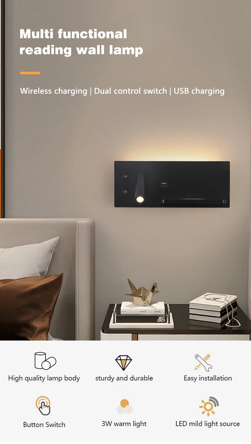 Modern LED Wall Light with USB Interface Simplicity Creative Multifunctional Reading Light Living Room Bedroom Bedside Lighting
