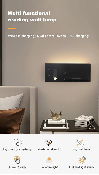 Modern LED Wall Light with USB Interface Simplicity Creative Multifunctional Reading Light Living Room Bedroom Bedside Lighting