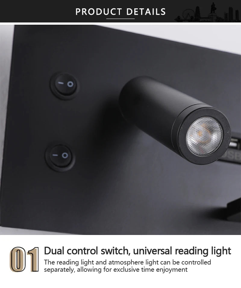 Modern LED Wall Light with USB Interface Simplicity Creative Multifunctional Reading Light Living Room Bedroom Bedside Lighting