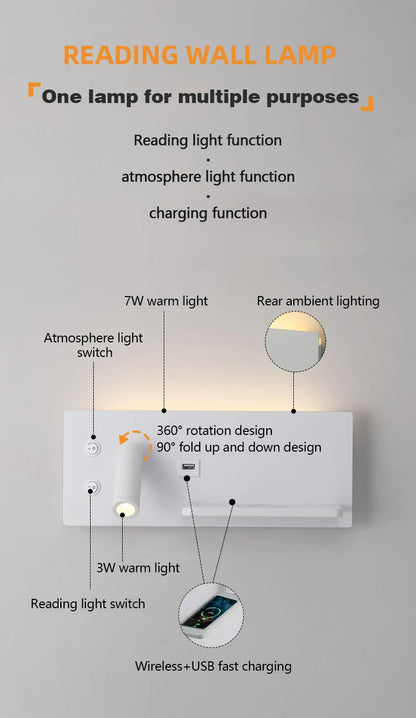 Modern LED Wall Light with USB Interface Simplicity Creative Multifunctional Reading Light Living Room Bedroom Bedside Lighting
